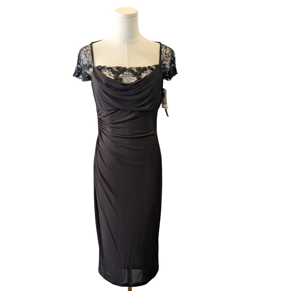 NWT David Meister Black Lace Sequin Ruched Sheath Cocktail Midi Dress Size 4